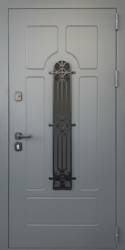 Уличная входная термодверь с узким стеклом, ковкой и рисунком на металле (порошковое окрашивание цвета графит)