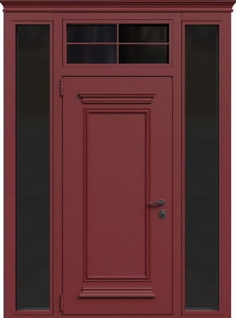 Входная остекленная группа с терморазрывом, металлобагетом, карнизом и красным полимерным окрашиванием